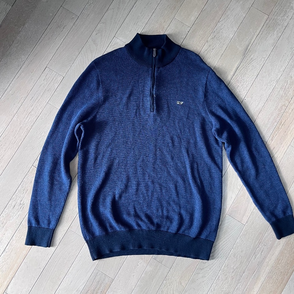 Vineyard Vines Mens Blue 1/4 Zip Sweater Knit Size L Wool Blend Whale Logo